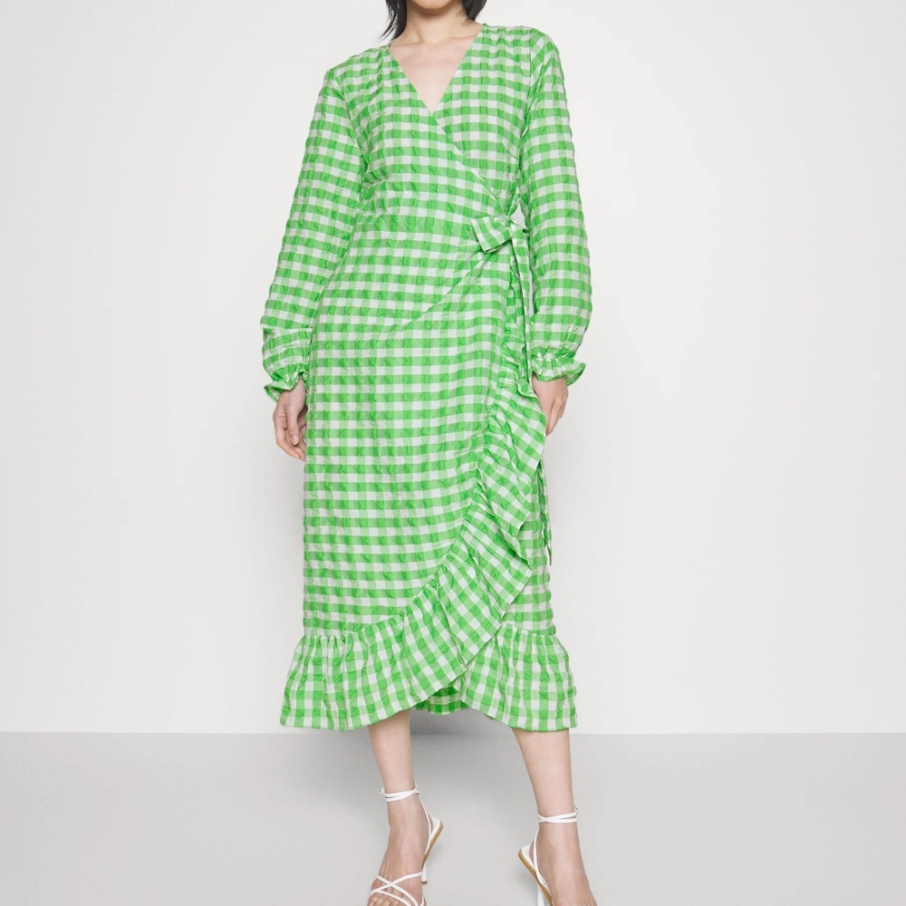 Never Fully Dressed Green and White Gingham Midi Wrap Dress